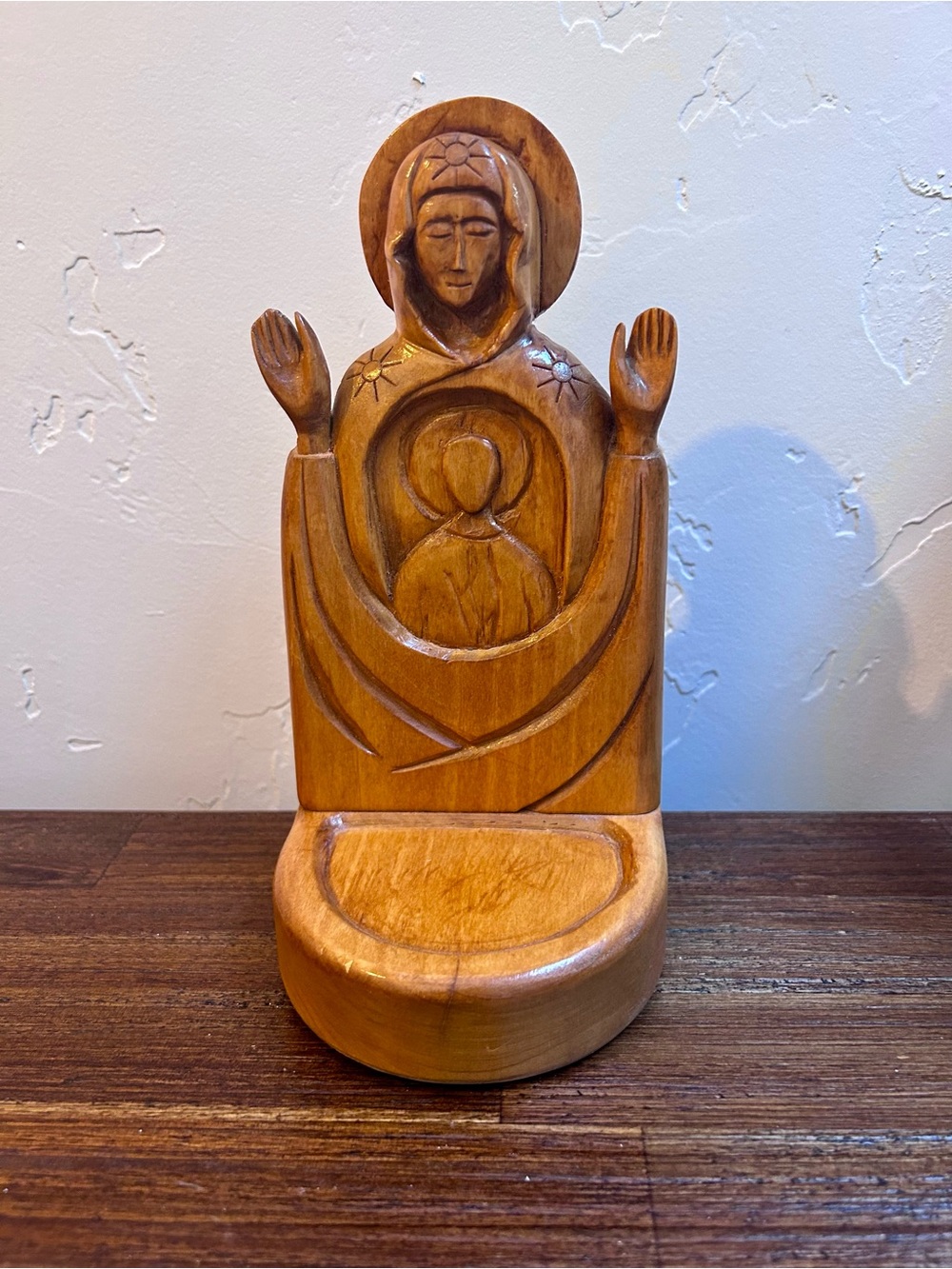 Vintage Signed Hand Carved Wood Our Lady of the New Advent Shrine Statue 1996